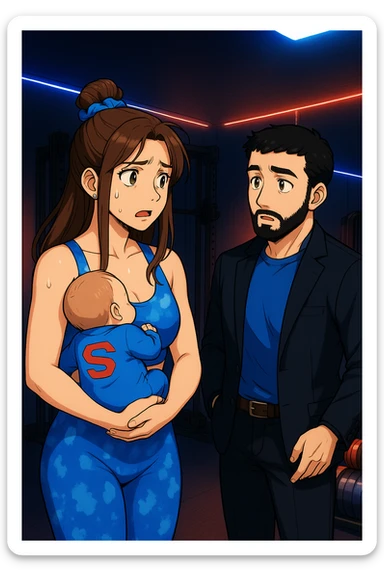 ispirati a questo stile di disegno e fai questa immagine in versione manga/webtoon a colori, il manga mostra la donna preoccupata con un neonato in braccio con una tutina azzurra e la scritta "S" sulla schiena, la donna gli sta facendo una domanda all'uomo, ma non fare i fumetti, fai come se stessero parlando sticker