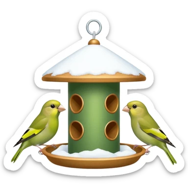 3 Green finch feeding on a bird feeder in the snow sticker