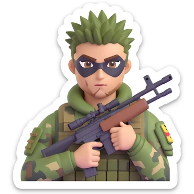 Add camouflage face paint to the muscular soldier, keep the spiky hair and sniper rifle, preserve 3D emoji style, no background. sticker