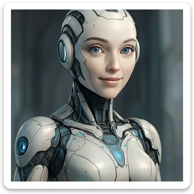 a woman AI robot, futuristic, friendly, detailed sticker