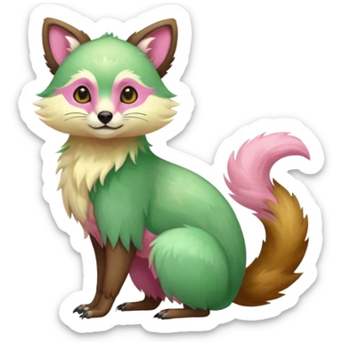 Colorful brown with rose-pink, yellow-beige-cream, jade-green tropical exotic shiny beautiful fantasy-Vernid-Cacomistle-animal-Fakémon-hybrid-fursona (full body) sticker