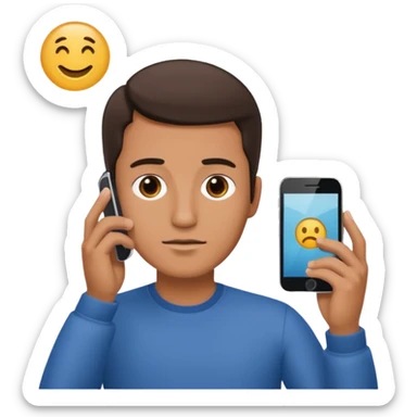 a guy holding an smartphone with both hands in landscape mode in front of his forehead sticker