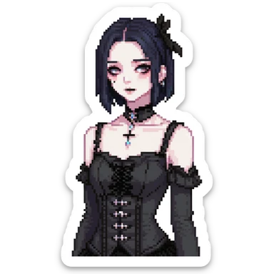 gothic femboy with wide shoulders, small chest, dark clothes and makeup sticker