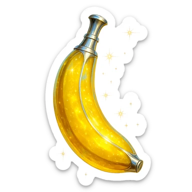 banana-shaped luxurious elixir bottle, banana yellow color, iridescent and silver details, intense magical glowing and sparkling effects, very small neck, seamless bottom, transparent background, floating, no base or shadow, modern, matching a collection sticker