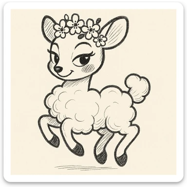 Transform the feminine vanilla cloud doe with rosy cheeks and cherry flowers on its head, floating gracefully, into a soft, whimsical, and playful hand-drawn doodle style. Keep the Pixar-inspired charm while emphasizing confidence, charm, and subtle allure, suitable for a social media brand mascot. The style should resemble a hand-drawn doodle with a Pixar-inspired look. sticker