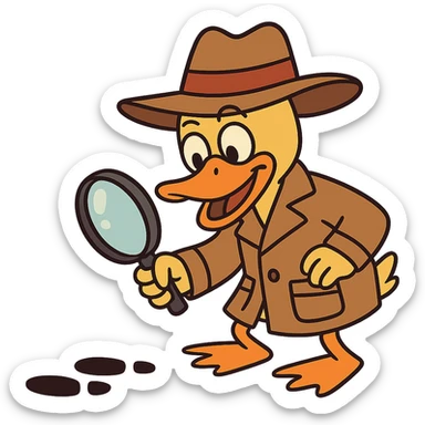 cheerful and playful duck detective with bright colors oversized hat looking at clues sticker