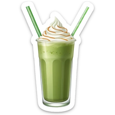 iced matcha latte in a tall clear glass with straw and whipped cream sticker