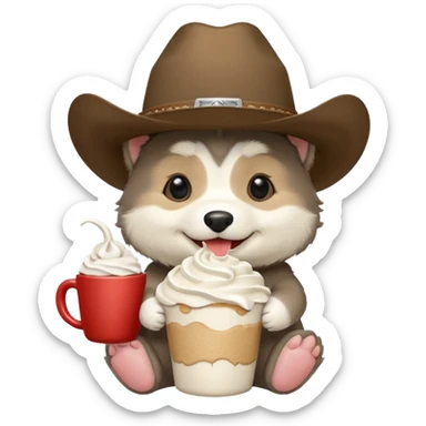 Agouti (more black, with cream, some tan) Malamute puppy wearing cowboy hat and smiling with cup of whipped cream sticker