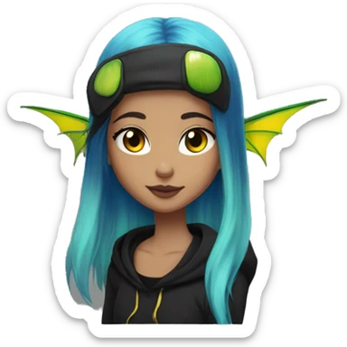 Lady with brunette and iridescent blue hair, gold, lime green dragon wings, black hoodie, bleach dyed, black and gold Nike t shirt, and bright red eyes sticker