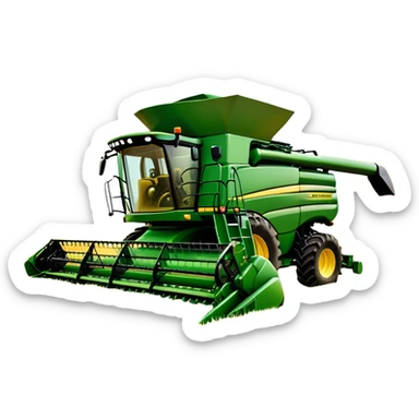 John Deere S780 (2021) – Cinematic-realistic John Deere S780 combine harvester, its bold green frame towering over golden wheat fields. The powerful header swallows crops effortlessly as grain fills the tank, while the setting sun casts a warm glow over the vast farmland. sticker