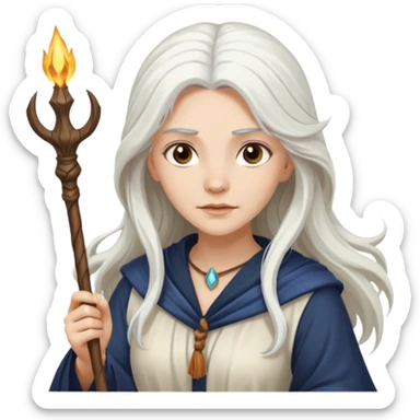 White Long Haired Women, Sorceress with staff — flowing white hair, calm face. sticker