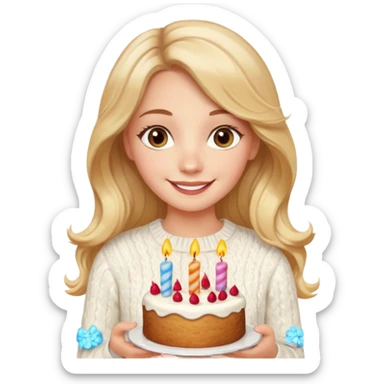 A pretty white girl with hazel brown eyes and long  down and blonde wavy hair in a cosy white knit sweater, she is celebrating her birthday and is happy sticker