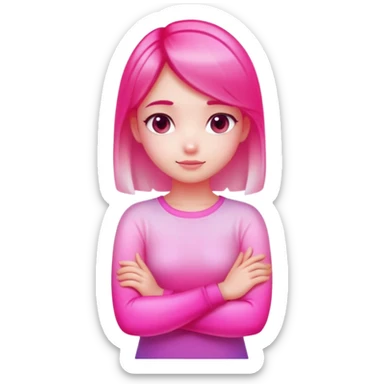 Shy girl character with arms crossed, transparent glass style, bright pink gradient, soft shadows and highlights, minimalist cute design sticker