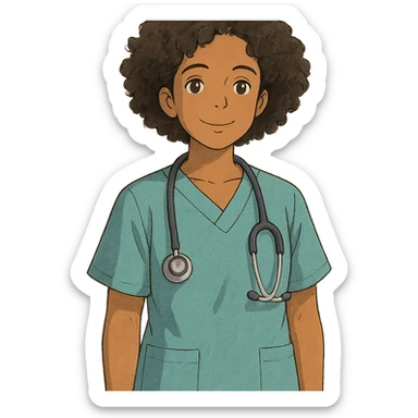 ghibli style afro latina nurse with gentle smile, curly hair, medical scrubs sticker
