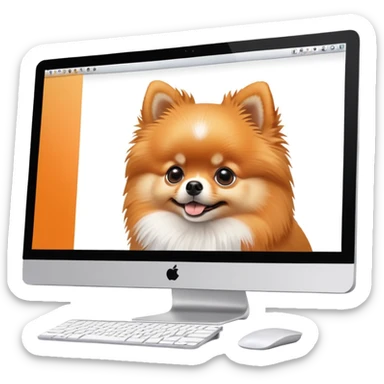 iMac monitor with a Pomeranian dog photo displayed on screen sticker
