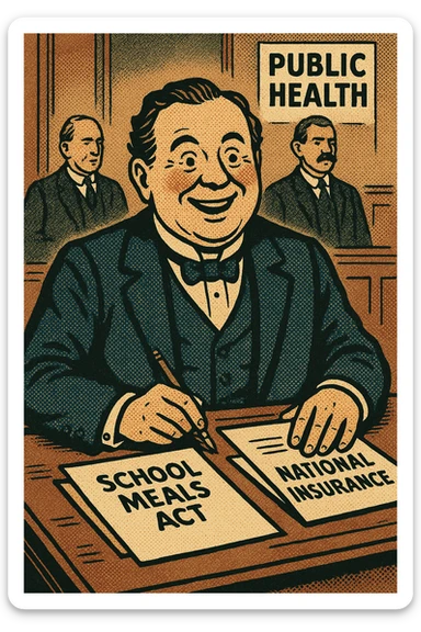 A happy Victorian politician from the early 1900s sitting at his desk.  On his desk are documents.  One document reads 'School Meals Act' and another document reads 'National Insurance'.  In the background of his office are other politicians with a poster on the wall reading 'Public Health' sticker
