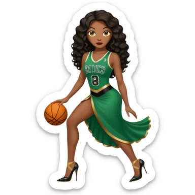 A 45-year-old ebony brown black woman with brown eyes, long body wave black brown baylaige hair dressed in sexy 
celtics jersey costume outfit and stilettos  sticker