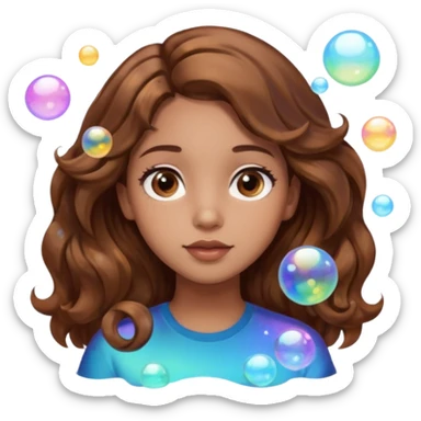 girl with brown wavy hair in a side part with big brown eyes looking off to the side with bubbles on both sides of her sticker
