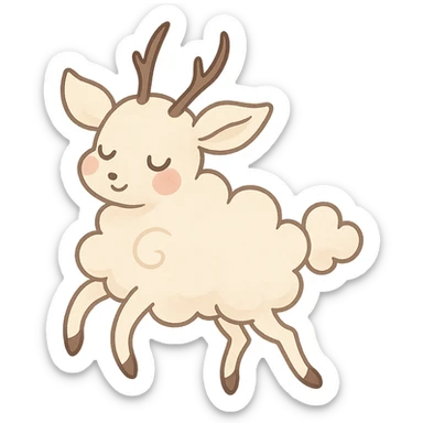 vanilla-colored cloud doe with rosy cheeks, floating gracefully with witch-like elegance, whimsical and soft, designed as a brand identity mascot for social media sticker