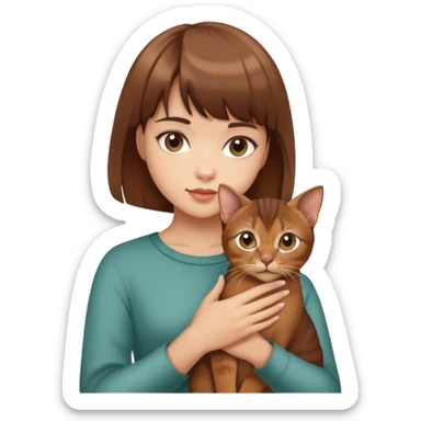 a girl with short brown hair and bangs holding an Abyssinian cat sticker