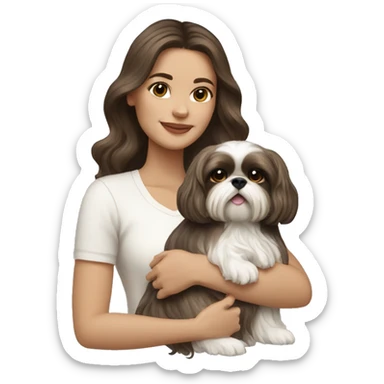 Young brunette hair woman with a cream shih tzu in her arms long wavy hair sticker