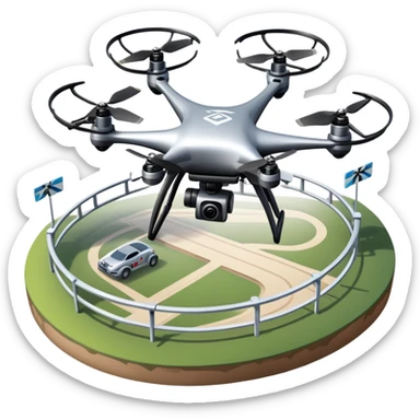 An icon showing a racing quadcopter drone in the foreground, flying at high speed through a course filled with obstacles and checkpoints. Other drones zoom in the background over a dynamic landscape. Transparent background highlights the thrill and precision of drone racing. sticker