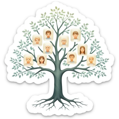Ethereal family tree with translucent branches connecting glowing ancestor portraits, soft misty background, dreamlike genealogy chart sticker