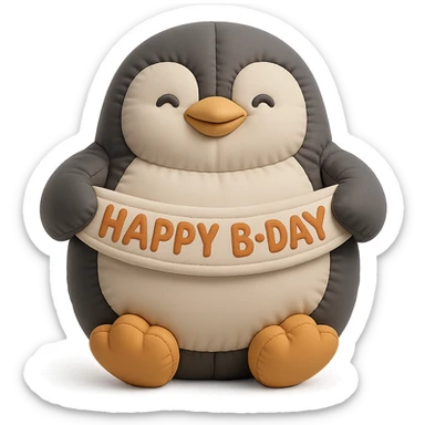 smiling penguin holding 'Happy B-Day' banner, cushion style sticker