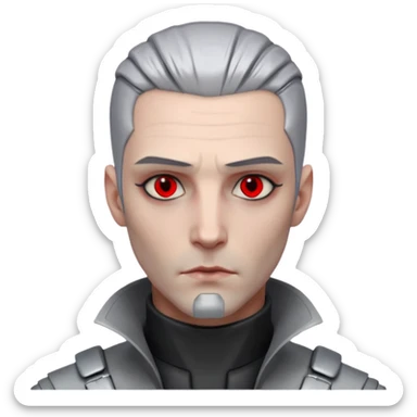 Cyberpunk man, grey slicked hair, silver metal thick  prosthetic jawline, red eyes, cold expression, clinical lighting sticker