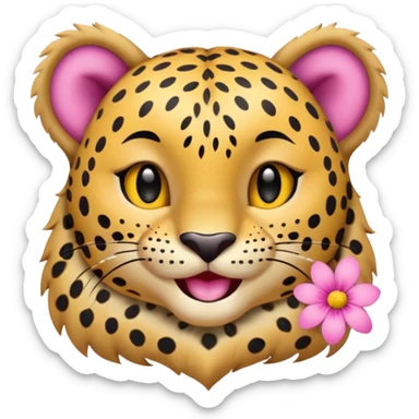A leopard with big smile. A pink flower with a yellow center is tucked behind its right ear
 sticker