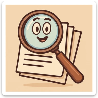 A magnifying glass hovering over a stack of papers, symbolizing searchable document, clean modern icon style sticker