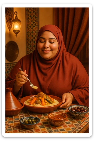 a Moroccan curvy woman eating couscous, wearing an integral hijab, in a warm, inviting setting sticker