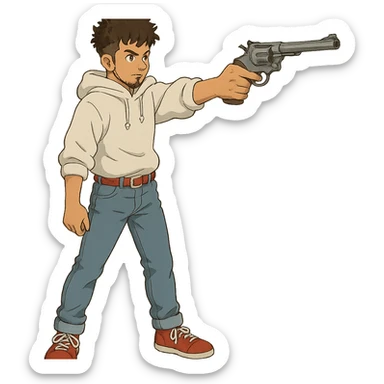 1 male, mid fade haircut dark chestnut brown curly hair, toasted lightskin, white hoodie sleeves up, fashion jeans, red fashion-sneakers shoes, red belt, short trimmed beard and goatee,  style of deku from "my hero academia", drawing a magnum revolver like dirty harry sticker