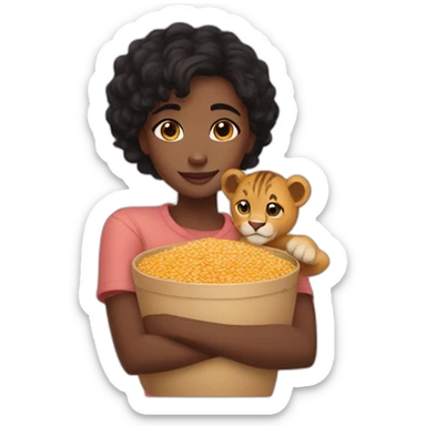 black girl, brown eyes, short black hair hugging a pack of Lion cereals sticker