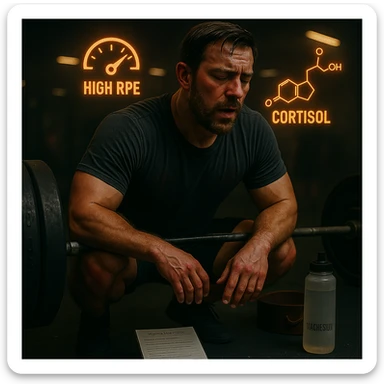 Add floating icons showing high RPE and cortisol above the head, in cinematic style and with the same palette. sticker