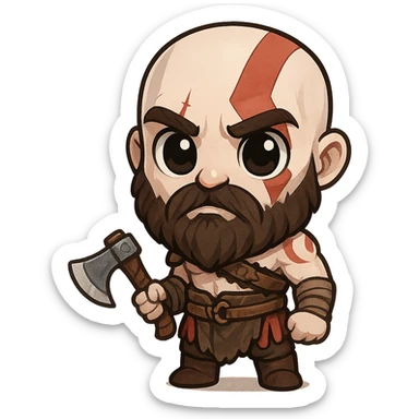 chibi-style Kratos with a tiny axe and big eyes sticker