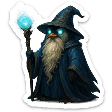 a penguin wizard with a long beard, mystical staff, glowing eyes, fantasy-inspired style sticker
