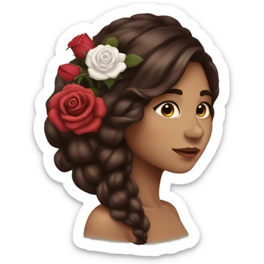 Beautiful, rose, red, flowers in hair, long dark brown hair, white fair skin sticker