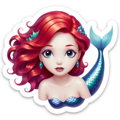 Cinematic Realistic Red Hair Mermaid Portrait, depicted with lifelike porcelain white skin that glows with an ethereal radiance, enhanced by soft underwater lighting. Her intricately detailed, flowing red hair cascades like liquid fire, framing deep, soulful eyes that mirror the mysteries of the deep sea. Accented by shimmering, iridescent scales and delicate aquatic embellishments, the portrait features an enchanting underwater glow that marries realism with mythic ocean elegance. sticker