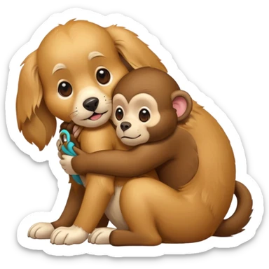 Golden retriver dog hugging a monkey sticker