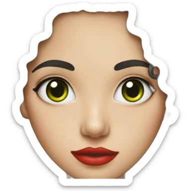 Portrait photo of a young woman with long black curly hair, green eyes, red lips, and fair skin sticker