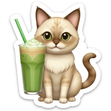 Happy Siamese Cat holding in its paws an iced matcha latte sticker