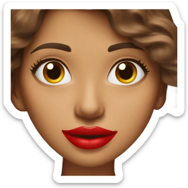 brown lady, medium brown long wavy hair, bright red lips, eyelashes, wearing red “happy Valentine’s Day” t shirt sticker