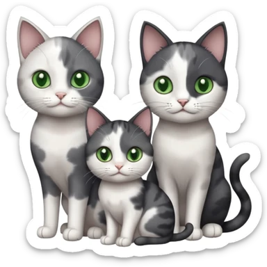 3 different coloured small cats including a dark grey and white, and a patchy calico and a completely solid dark grey with green eyes and only white paws sticker