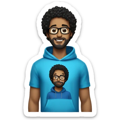 guy with curly black hair with glasses and beard, blue hoodie, sending a kiss  sticker