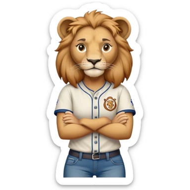 determined anthropomorphised female lion in a baseball shirt and jeans with arms folded sticker
