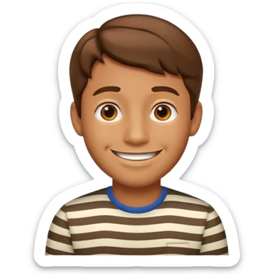 “Cartoony emoji avatar man, tanned skin, short wavy hair, wearing a striped shirt, smiling, clean turquoise background.” sticker
