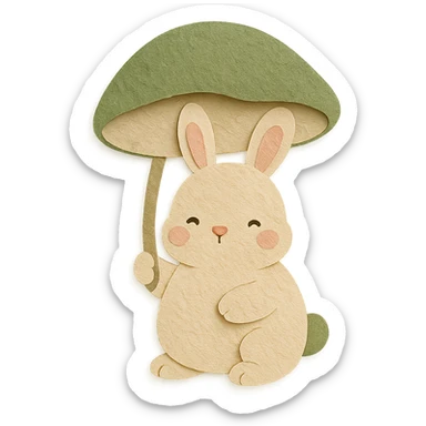 chubby bunny holding a mushroom umbrella, pastel beige and moss green, paper craft style sticker