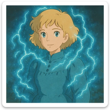 a woman with short curly blonde hair, blue eyes, blue electric aura, soft and magical, ghibli style sticker