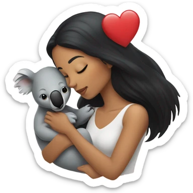 black hair women holding a koala and kissing him  with hearts around them  sticker
